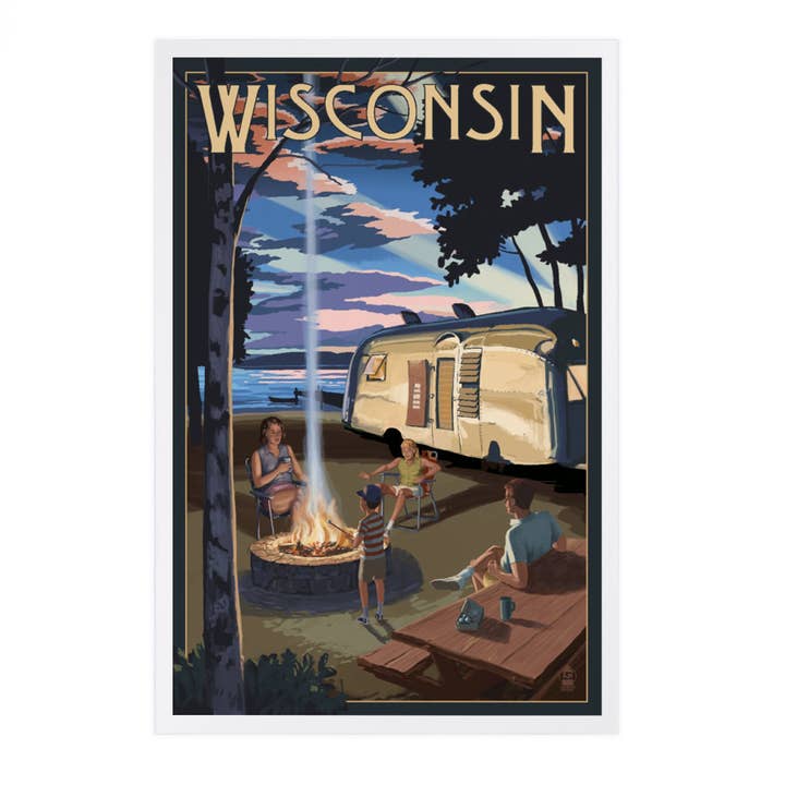 Lantern Press - Wholesale Postcard - PREMIUM POSTCARDS Wisconsin, Retro Camper & Lake