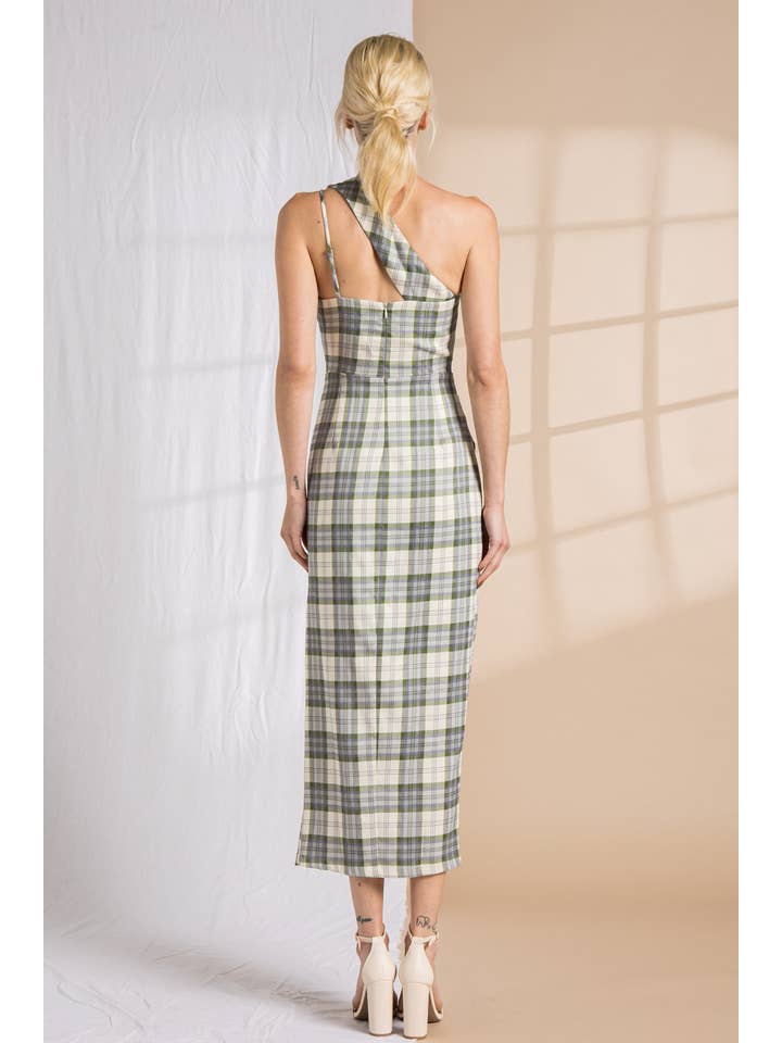 Crème/vert/violet Robe midi asymétrique à carreaux en vente sur Faire3