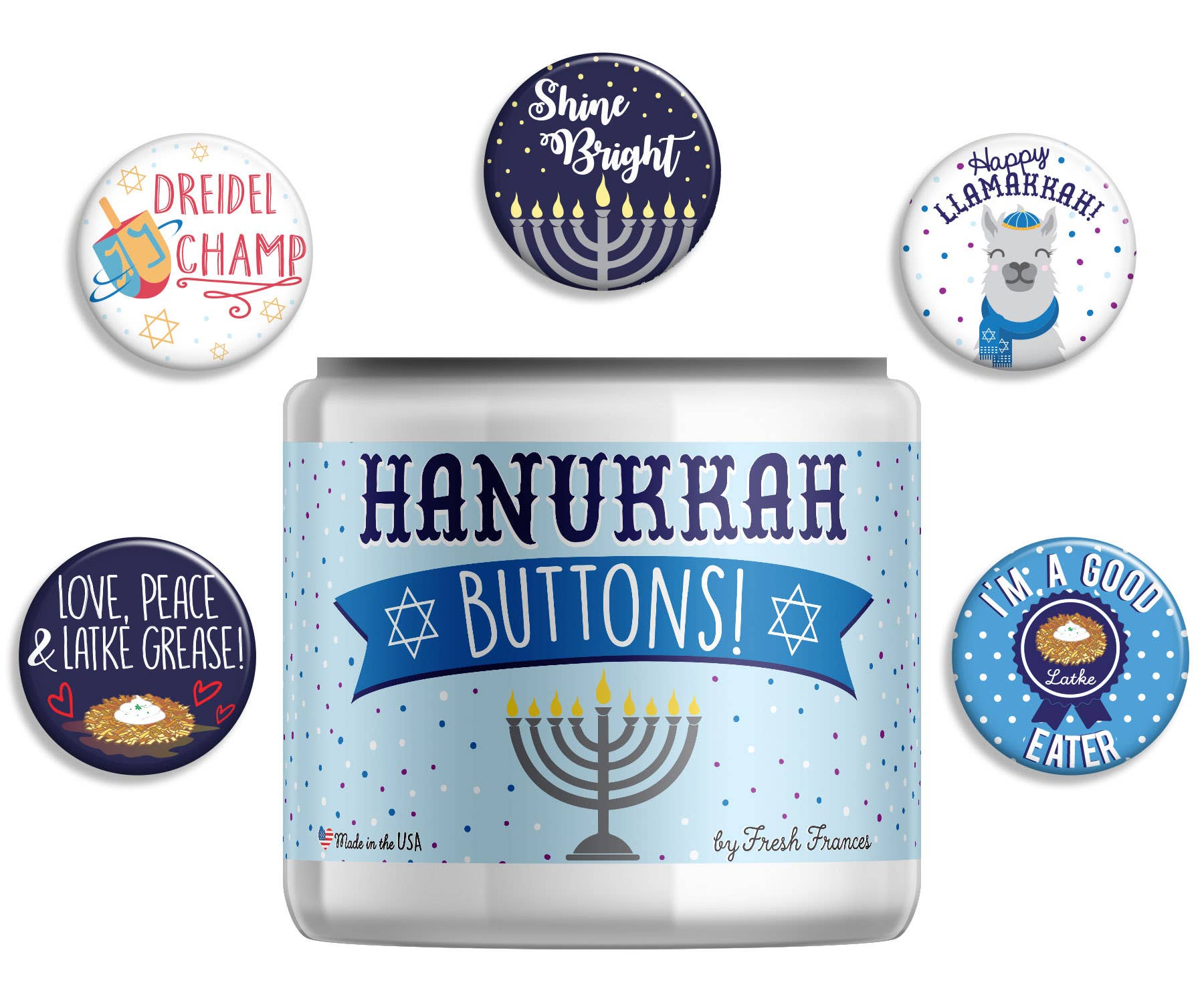 Fresh Frances - Wholesale Lapel Pin/Button - Jar of 50 Hannukah Themed Buttons0
