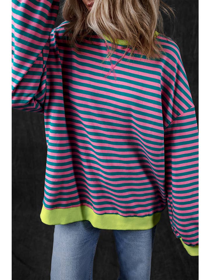 Amaryllis Apparel - Wholesale Sweatshirt - Women's - Stripe Oversized Contrast Trim Pullover Sweatshirt34