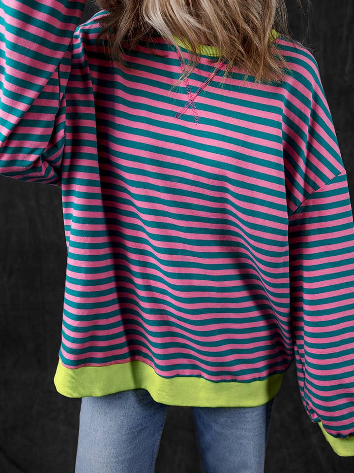 Lovesoft - Wholesale Sweatshirt - Women's - Stripe Oversized Contrast Trim Pullover Sweatshirt