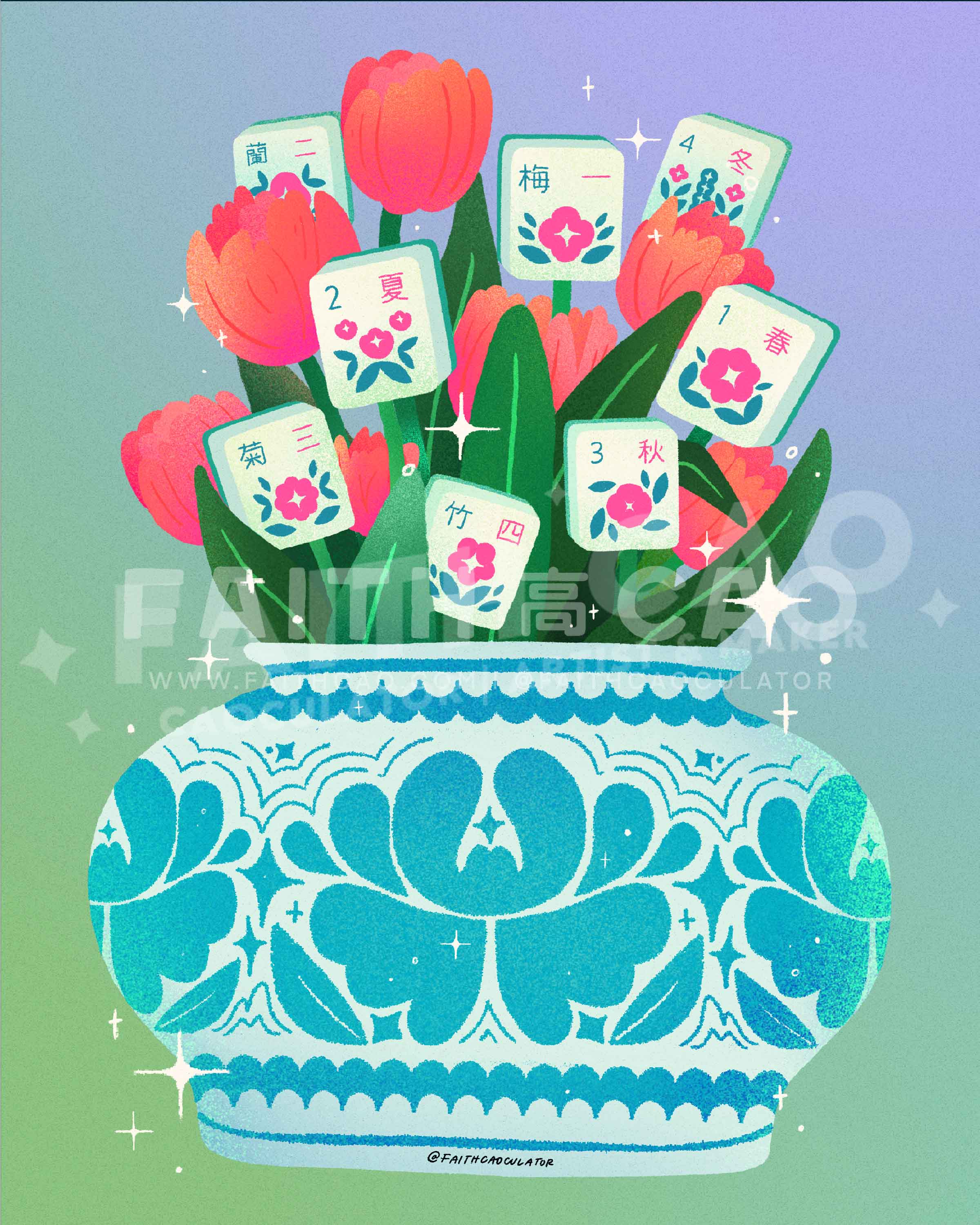 Caoculator - Wholesale Art Print - Mahjong Flowers Risograph Print1