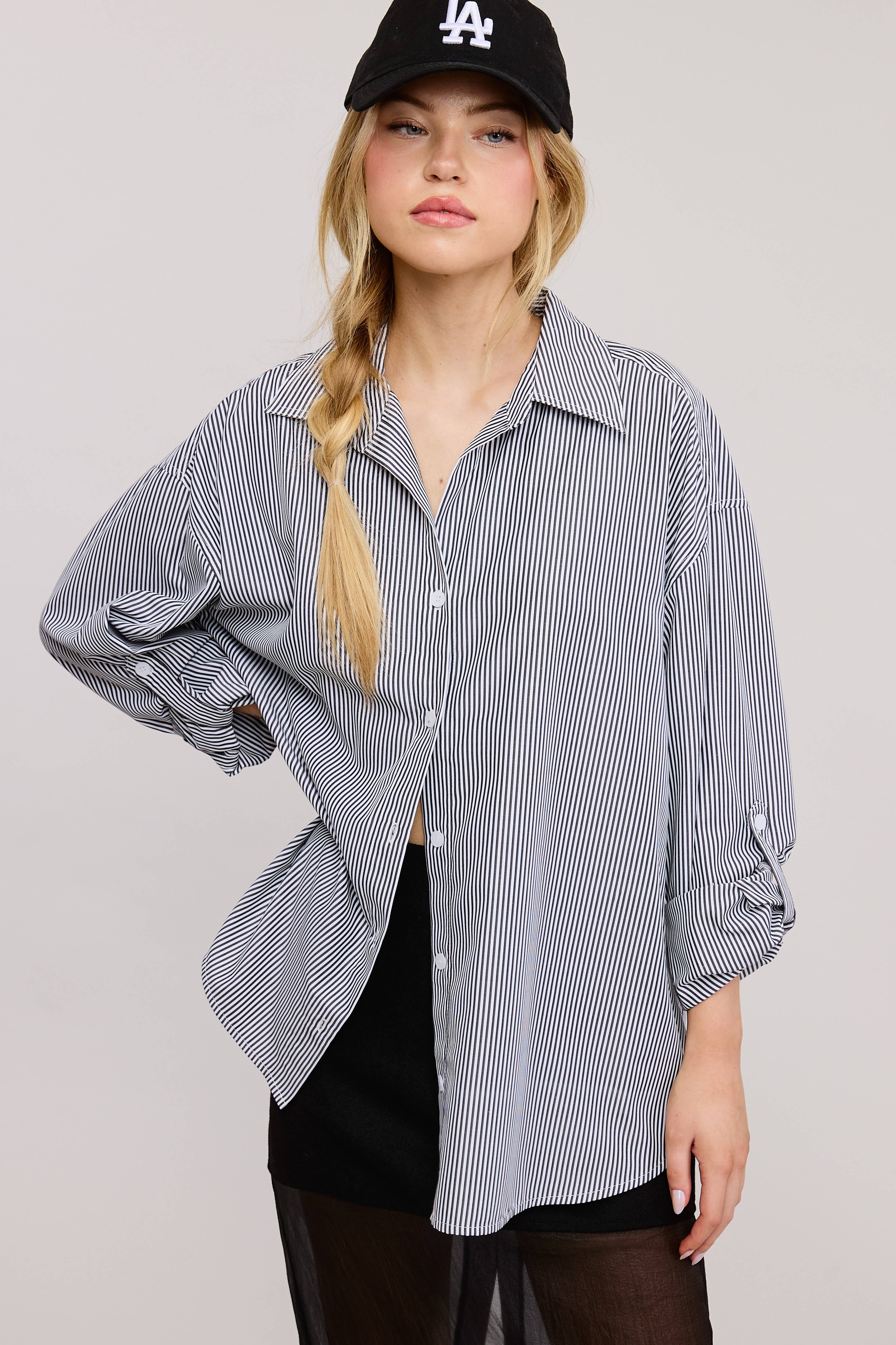 Mimosa - Wholesale Button Down Shirt - Women's - Oversized Striped Long Sleeve Button Down Shirt6