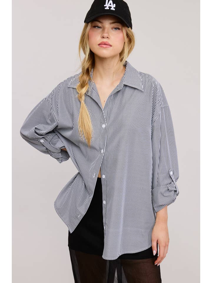 Mimosa - Wholesale Button Down Shirt - Women's - Oversized Striped Long Sleeve Button Down Shirt6