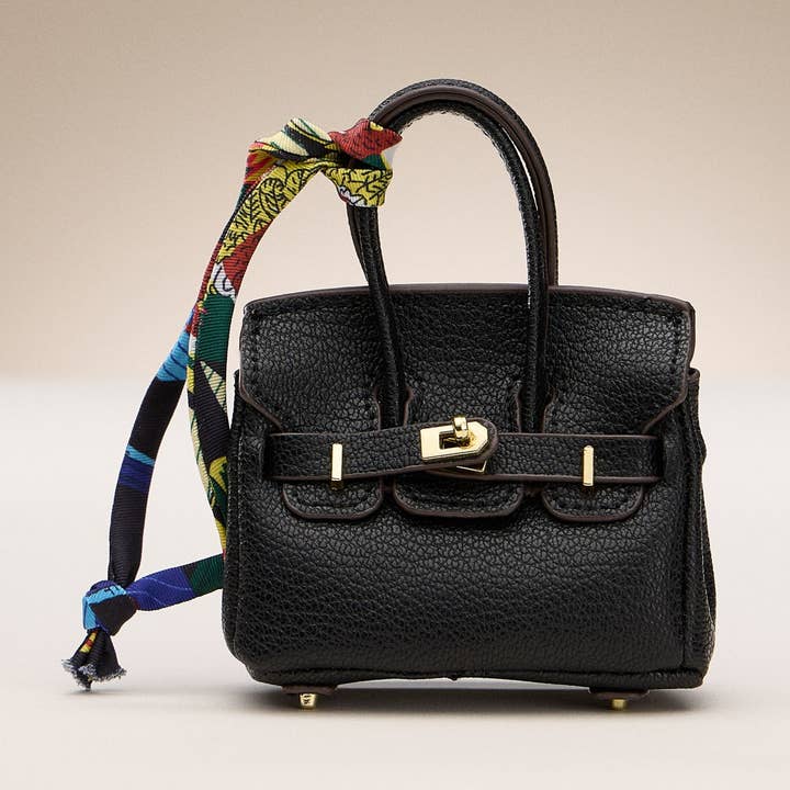 Mini Handbag Keychain Charm | Faux Leather Purse Keyring with Twilly Scarf for wholesale by Lilla Haven