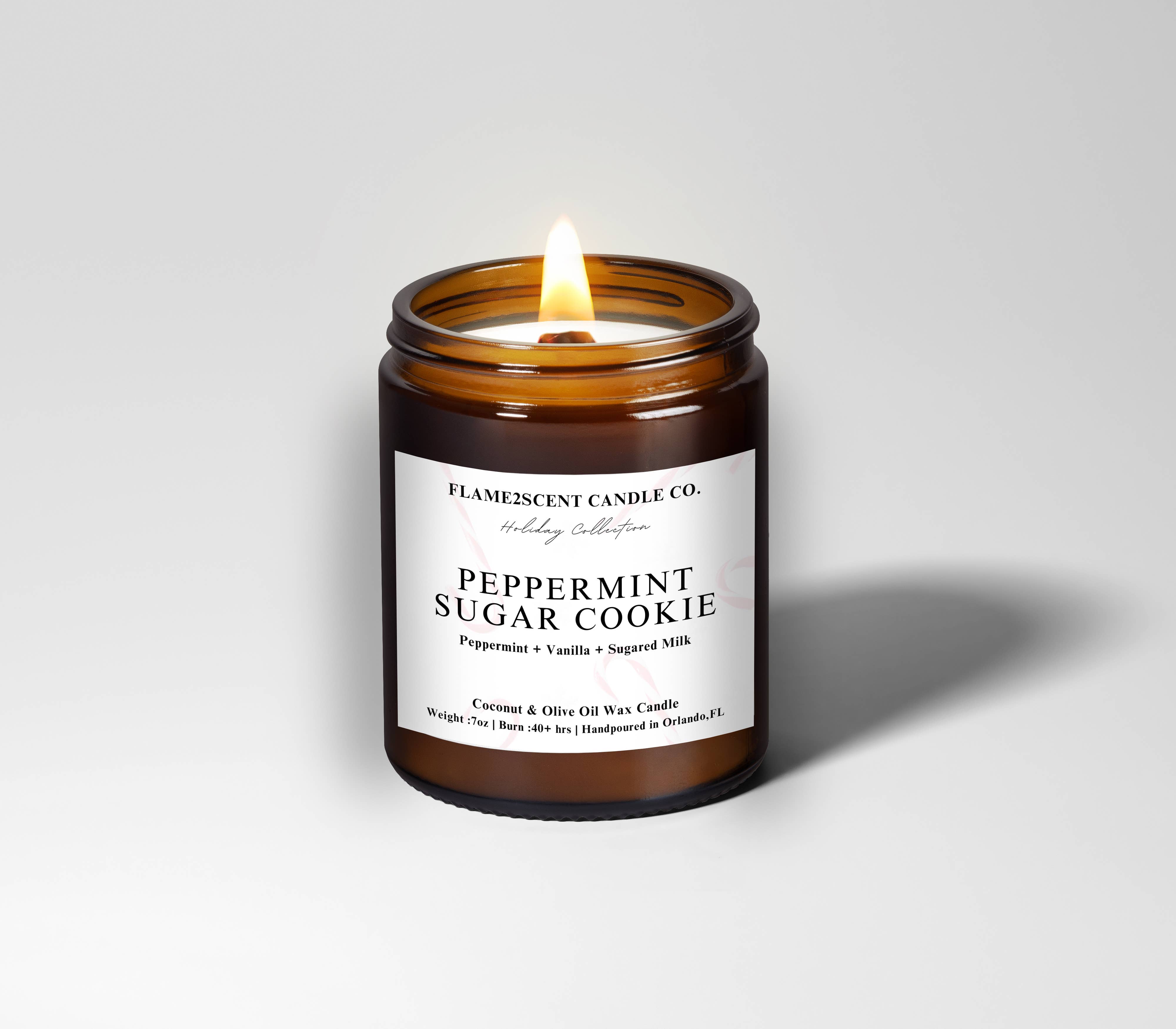 Flame2scent Candle Co. - Wholesale Jar/Filled Candle - Peppermint Sugar Cookie - Amber Jar Christmas Candle