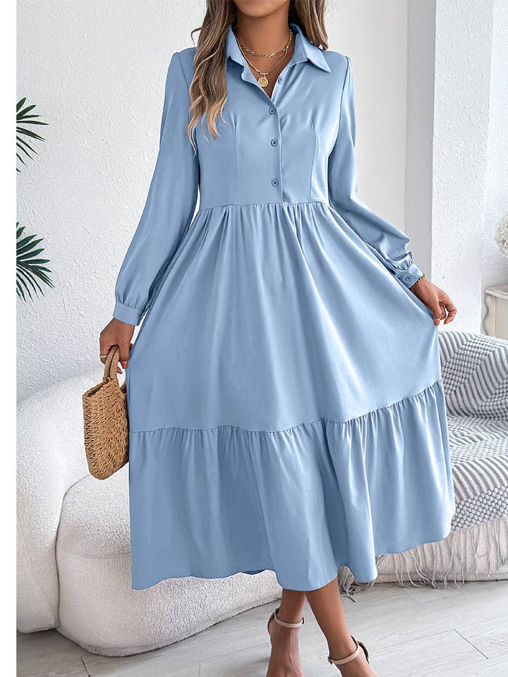 Reverskragen Lässiges Lockeres Langarm Rüschenkleid BJS223 für den Großhandel von UNISHE