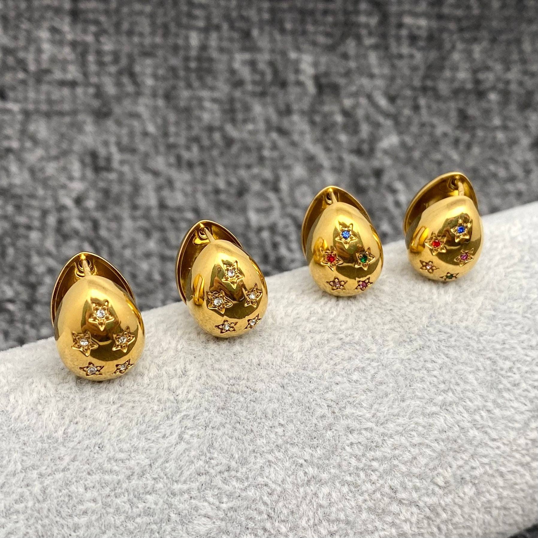 Mio Queena - Wholesale Stud/Post Earrings - Colored CZ Star 18K Golden Shiny Drop Stud Earings - FGS2