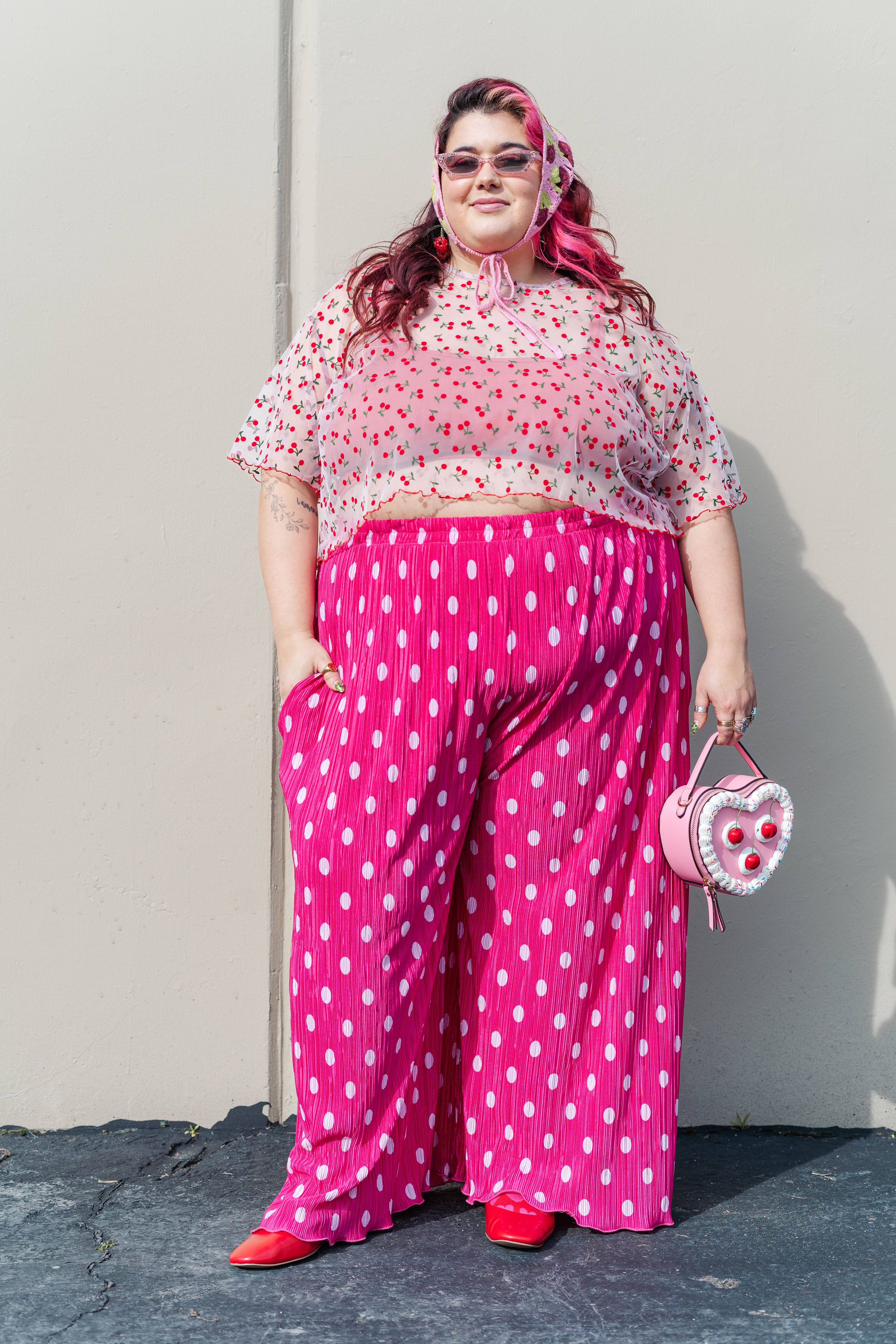 Nettle Studios - Wholesale Pants - Women's - Size Inclusive Hot Pink & White Polka Dot Pleated Flare Pant30