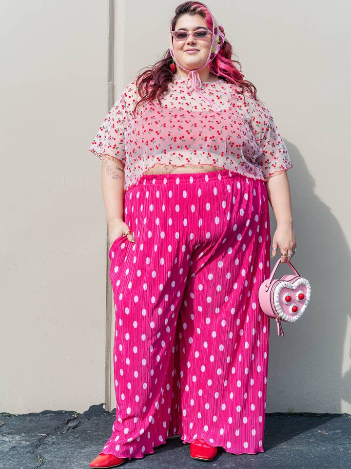 Nettle Studios - Wholesale Pants - Women's - Size Inclusive Hot Pink & White Polka Dot Pleated Flare Pant30