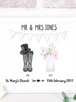 Framed Personalised Wedding Wellies Print for wholesale by Mermaid Marys