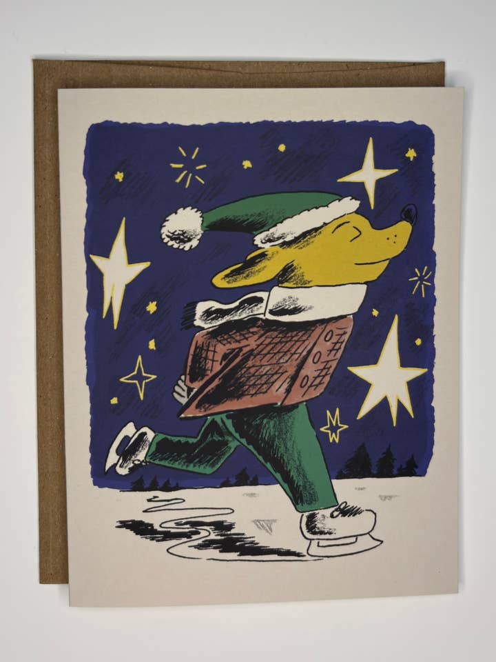 Holiday Ice Skater Dog Greeting Card for wholesale by Steve Teare's Pet Portraits