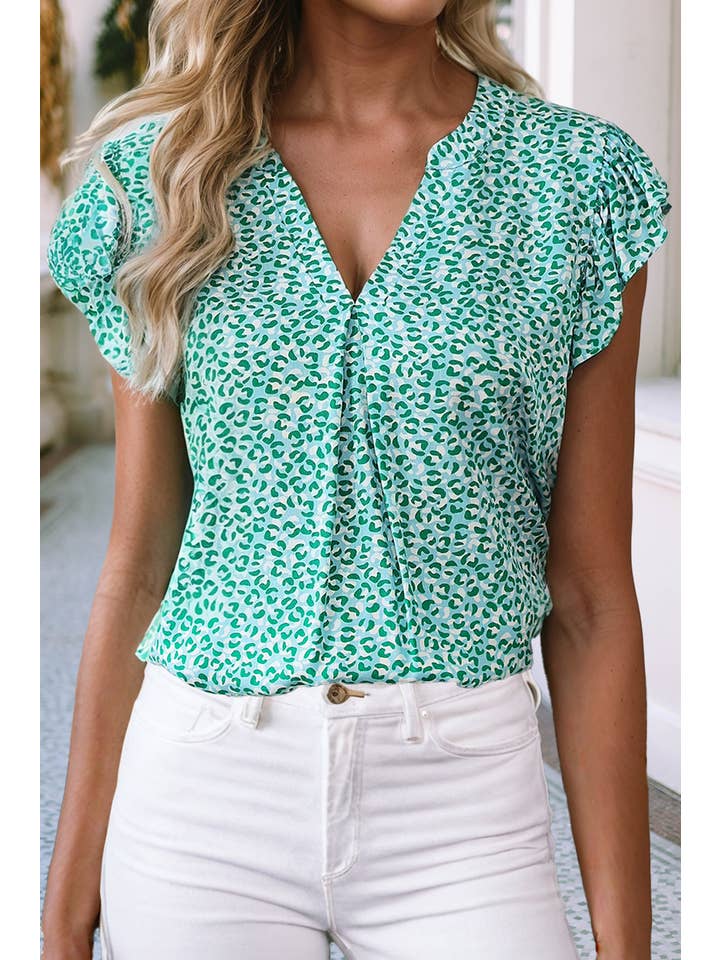 Green LDC Notched V Neck Leopard Ruffle Short Sleeve Blouse for wholesale on Faire