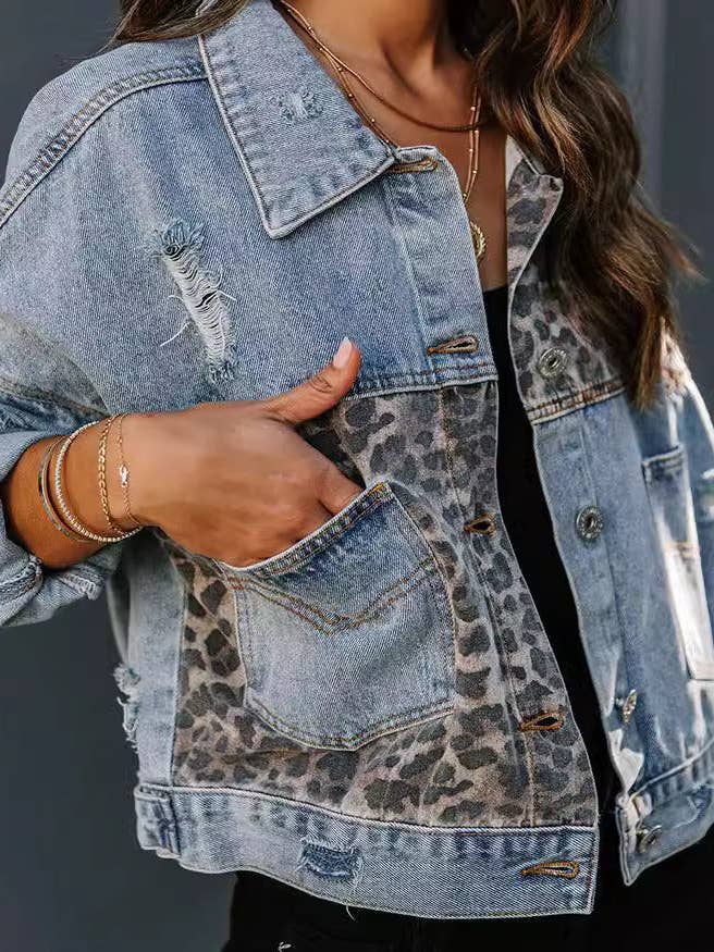Dipped Shop - Wholesale Denim Jacket - Women's - Trendy Leopard Print Splice Ripped Denim Jacket DP25E7652
