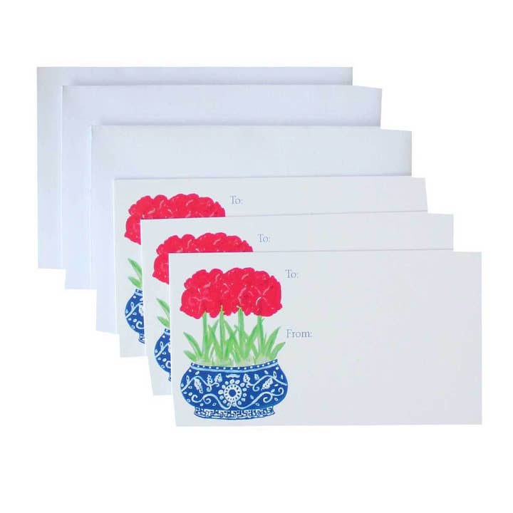 Coffret de cartes-cadeaux Blue Chinoiserie Red Amaryllis pour la vente par Lemondaisy Design