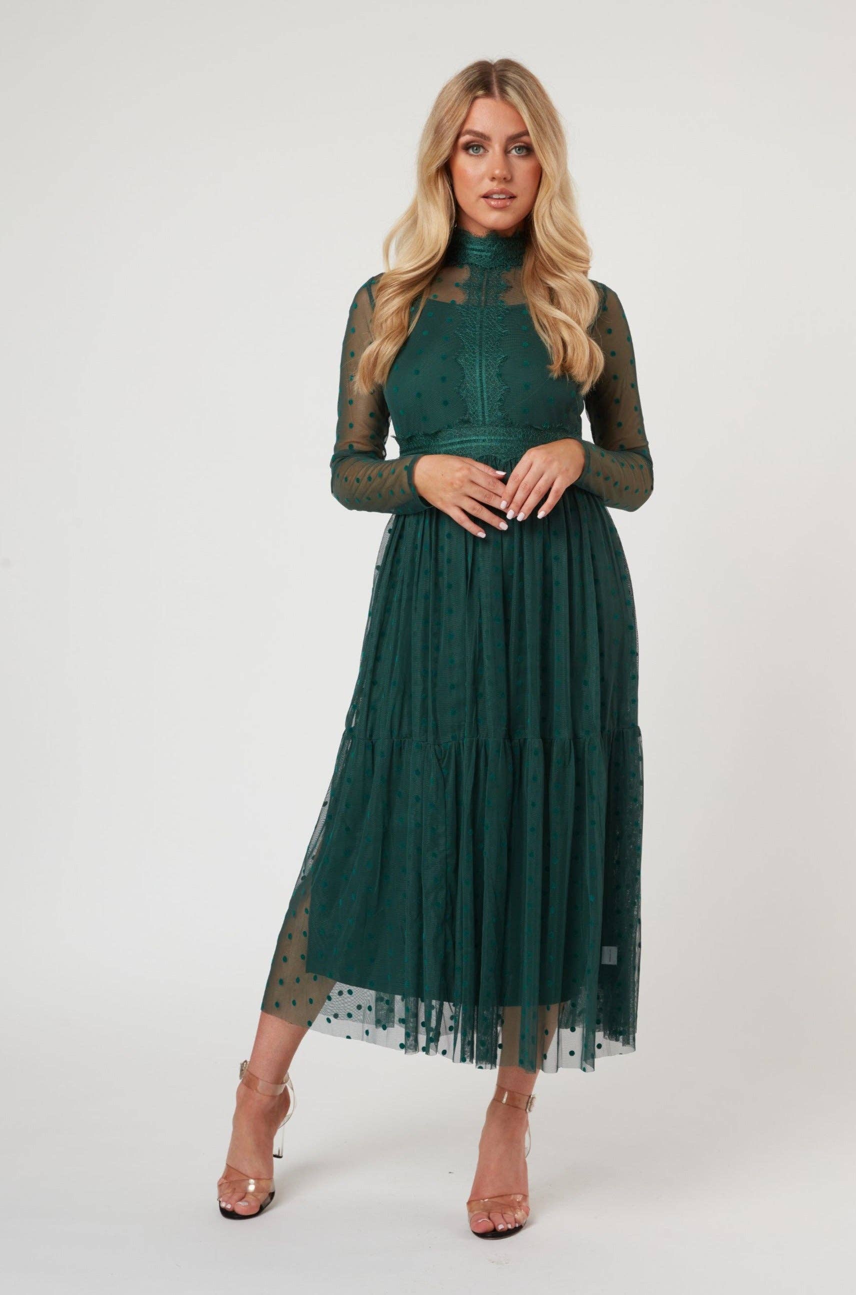 Roman Lola Polka Dot Tulle Midi Dress in Green for wholesale on Faire