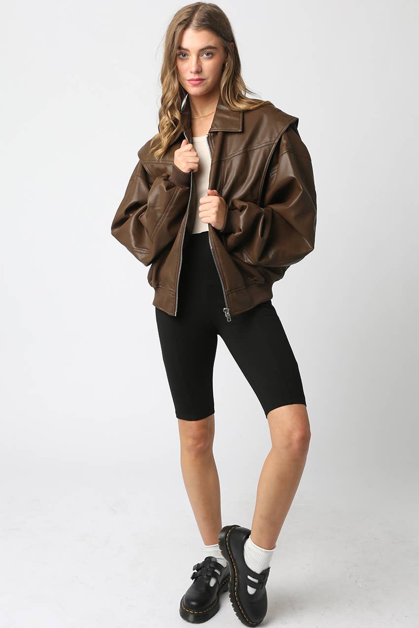Olivaceous - Wholesale Bomber Jacket - Women's - Kaylee Pu Bomber Jacket9