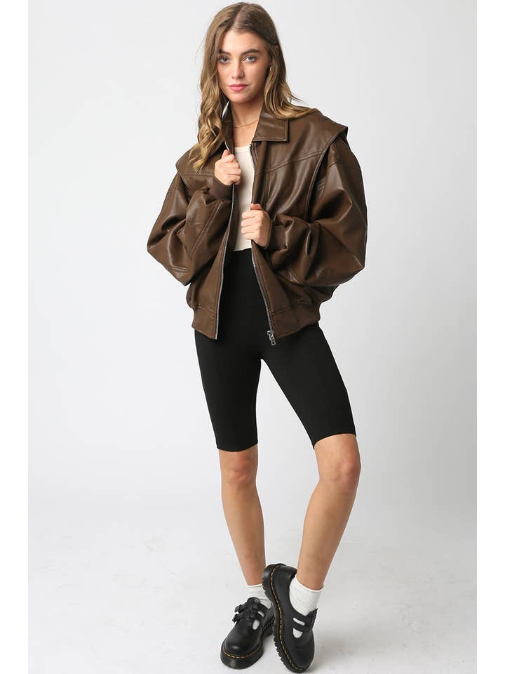 Olivaceous - Wholesale Bomber Jacket - Women's - Kaylee Pu Bomber Jacket9