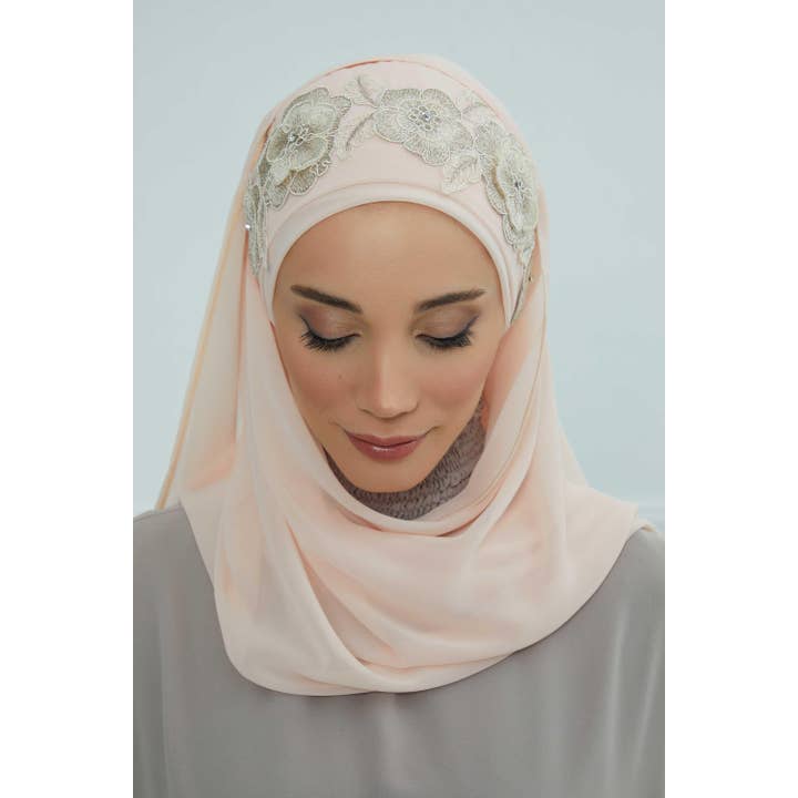 Aisha's Design - Wholesale Hijab – Women’s - Luxury Instant Chiffon Hijab with Floral Lace, Ready-to-Wear Chiffon Hijab with Embroidered Flowers,CPS-10152