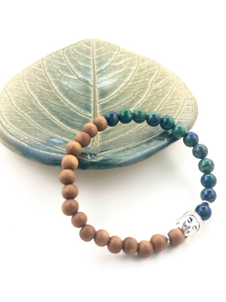 Chrysocolla Gemstone & Sandalwood w/Buddha Beaded Bracelet for wholesale by Peace Within Co.