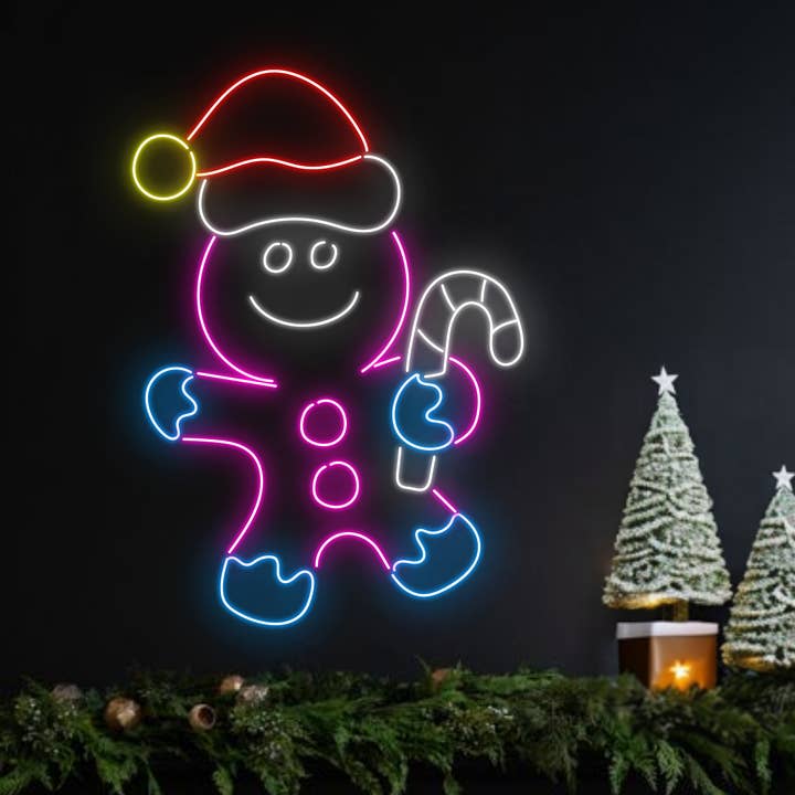 Targa neon a forma di omino di marzapane, decorativa natalizia a lunga durata per la vendita all'ingrosso da parte di Glow Neon