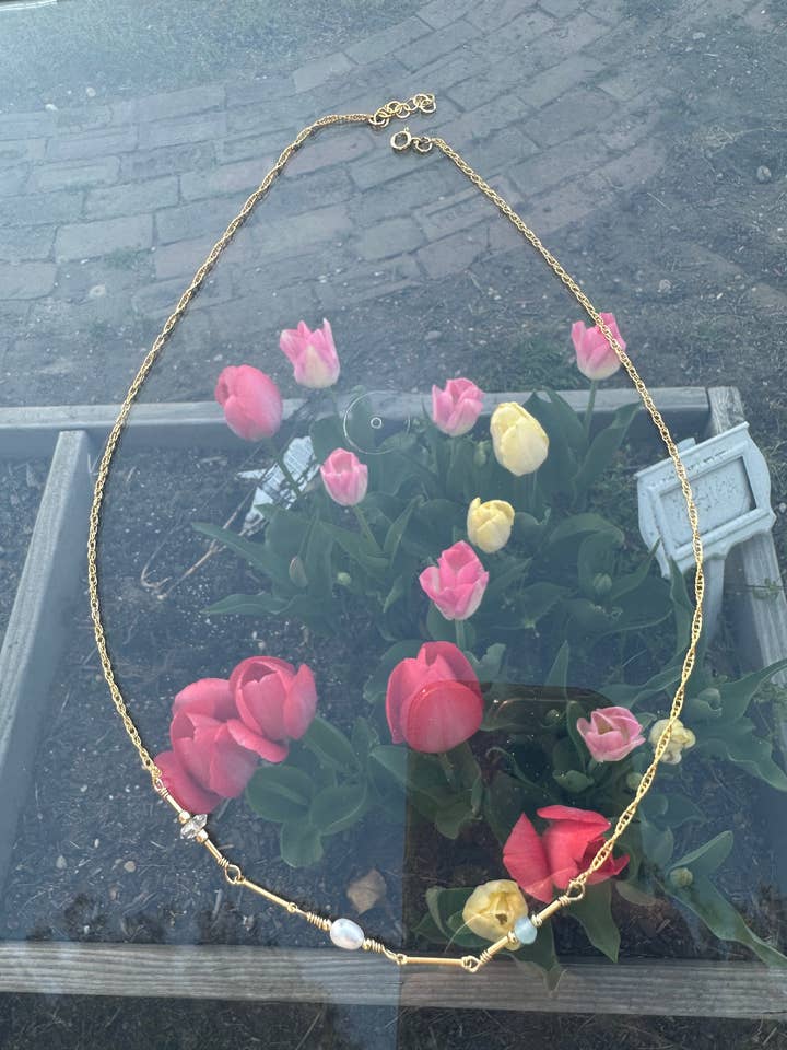 herkimer diamond + freshwater pearl + aquamarine necklace for wholesale by Clover House