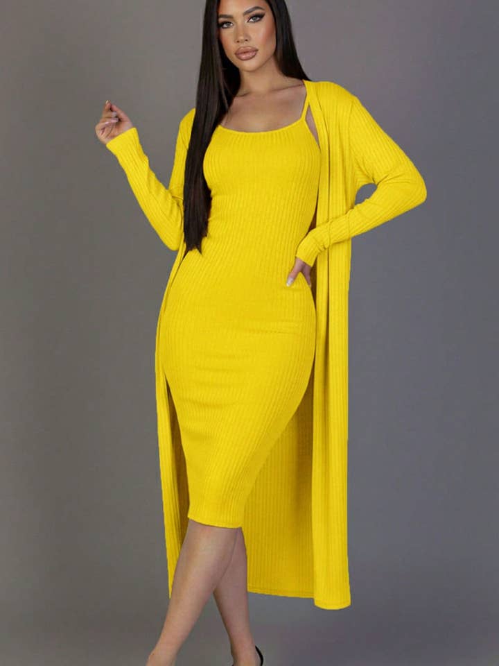 CAPELLA APPAREL - Wholesale Dress - Women's - Ribbed Cardigan & Cami Midi Bodycon Dress36