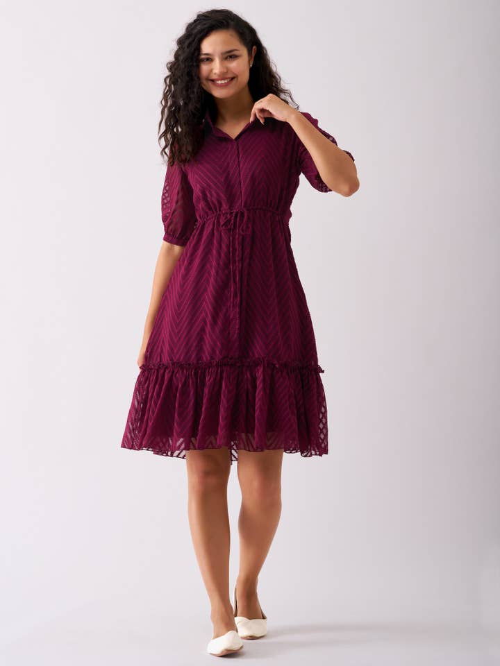 Wine Chiffon Brasso Swiss Dot Point Collar Dress for wholesale by STYLE INSTANT