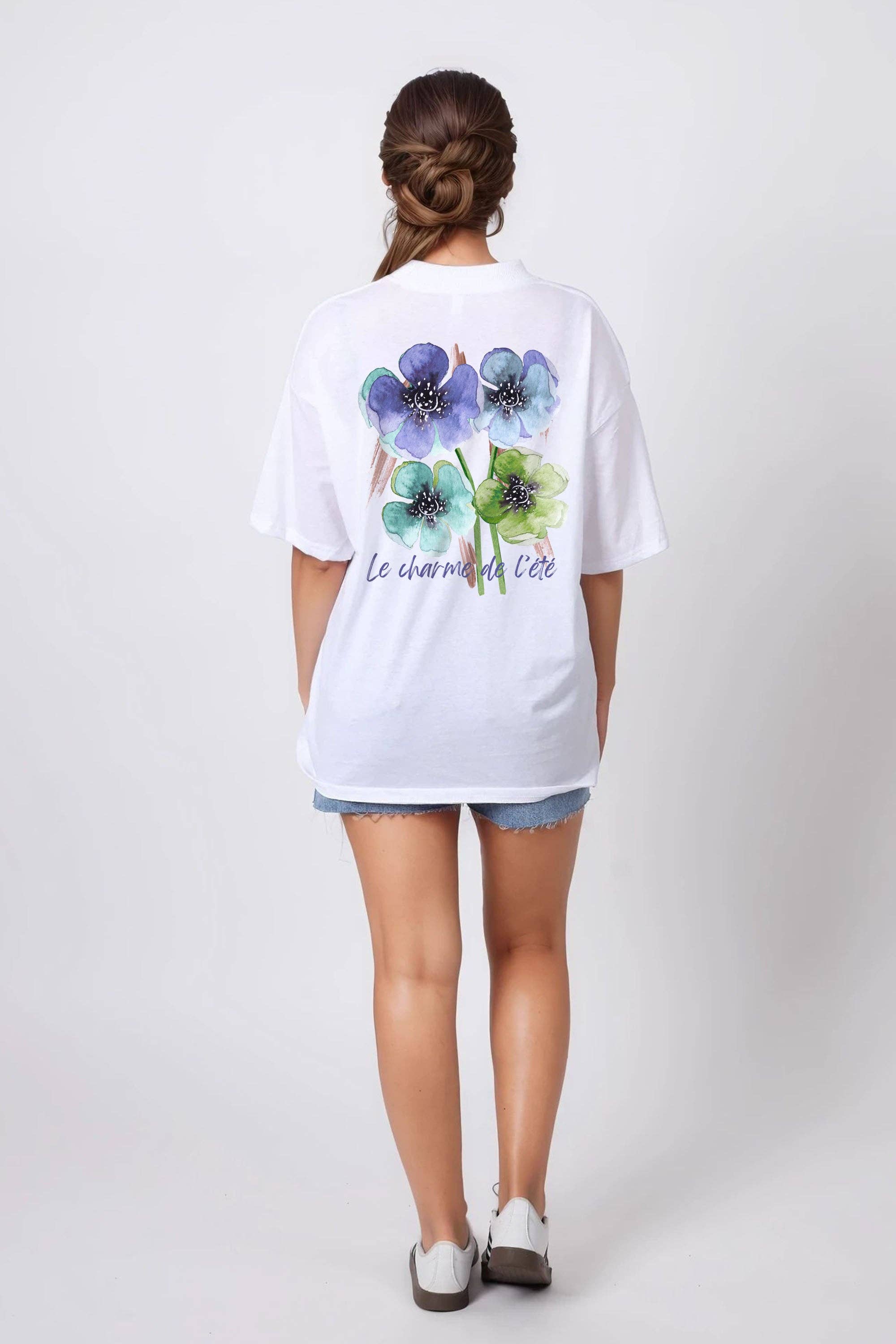 White Women 150GSM Oversized T-Shirt in Le Charm De Floral Print for wholesale on Faire3