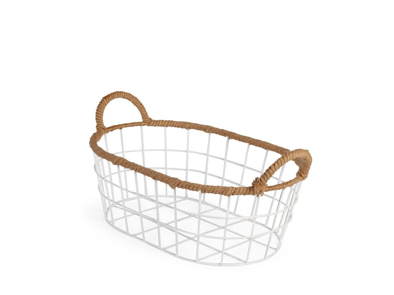 H&H – Großhandel Korb – Set mit 3 ovalen Körben aus weißem Eisen mit Jutebesatz, 33/37/42 cm2