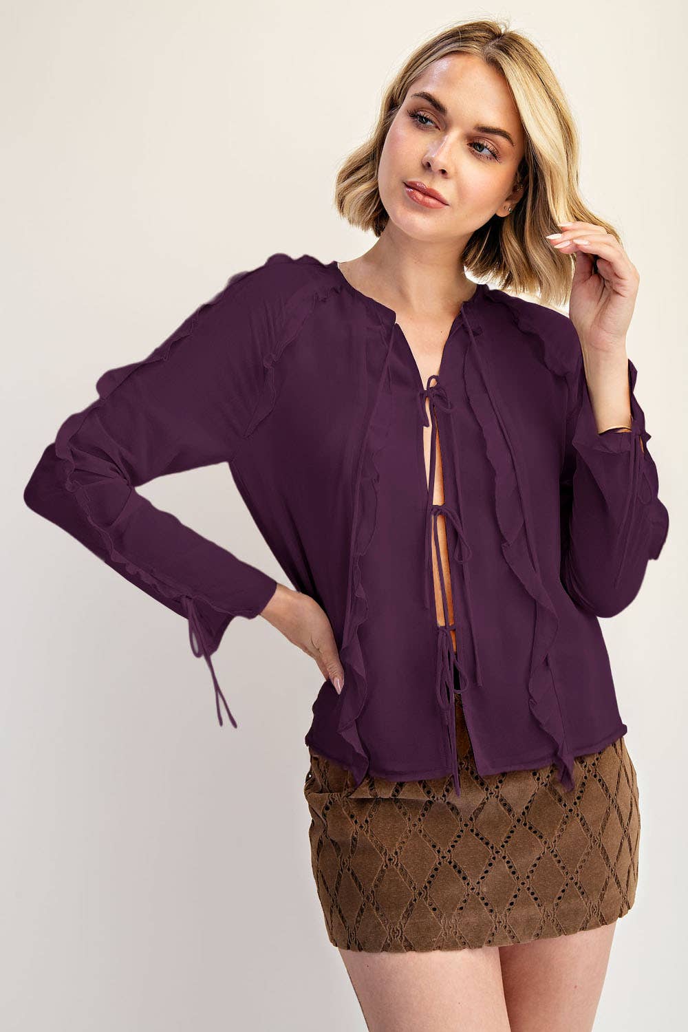 Edit by Nine - Wholesale Blouse - Women's - Ruffled Chiffon Blouse with Tied Front Detail4