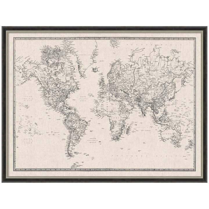 Framed Fabric Pinboard Vintage Black and White Linen World Map Wall Organization for wholesale by Kate and Laurel