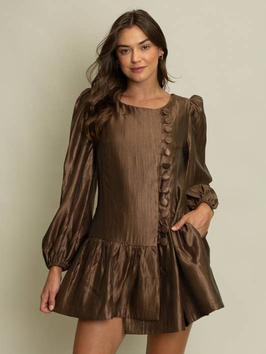 SOD1377 Shimmer Mini Dress with Covered Button Detail for wholesale by Heyson