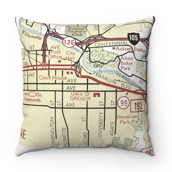 Coussin Carte de l'Université de l'Oregon – Coussin Carré 18" pour la vente par Daisy Mae Designs