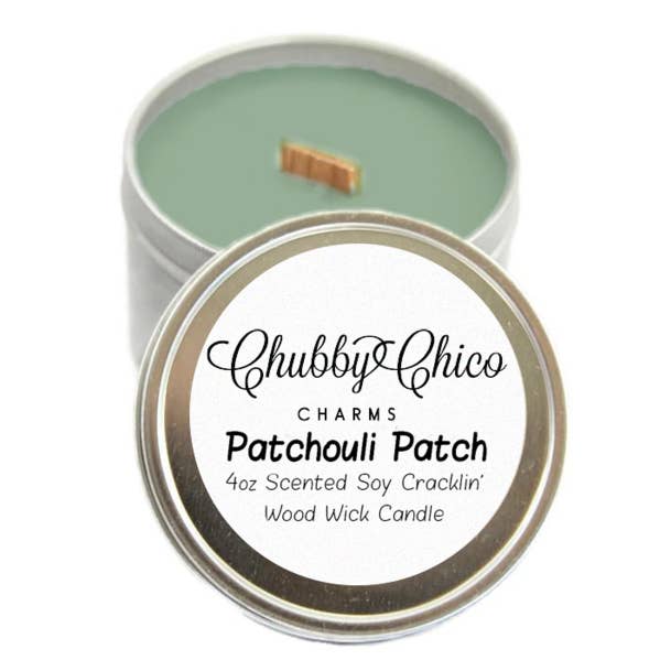 Patchouli Patch Tin Candle soy wooden wick hand poured for wholesale by Chubby Chico Charms