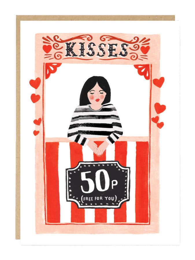 Kissing Booth Cute Illustrated Valentine Card for wholesale by Jade Fisher