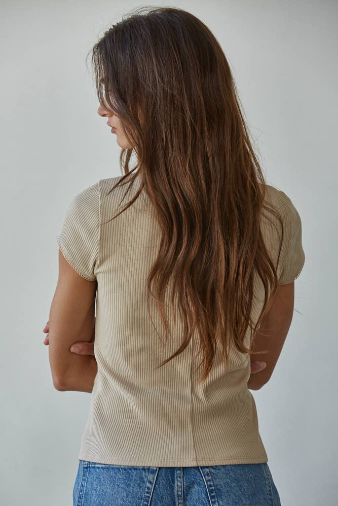 Beige RJ3493 | Knit Ribbed Buttondown Short Sleeve Cardigan Top for wholesale on Faire3