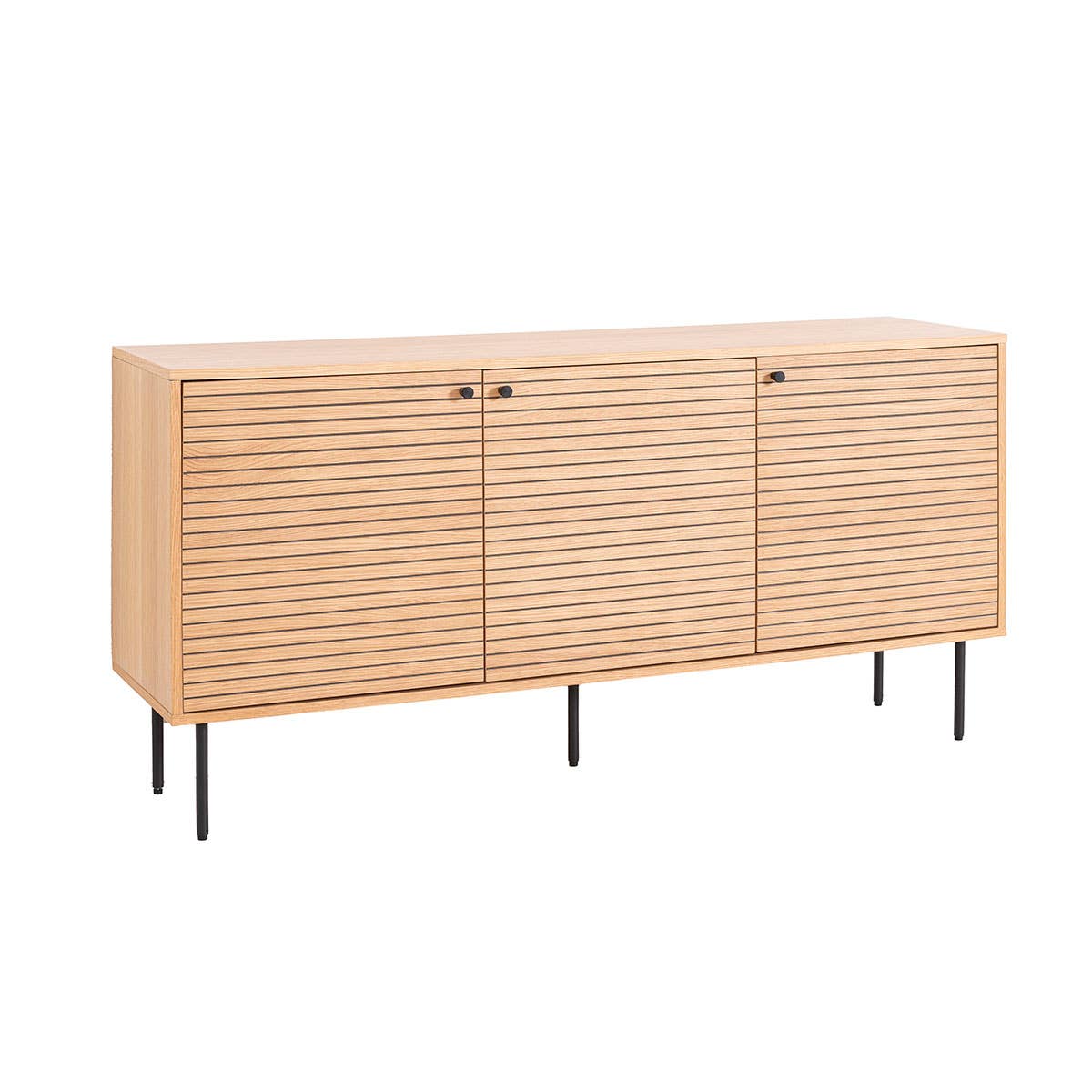 Gdeco - Wholesale Sideboard - Nela Sideboard, Oak Veneer And Black Dm, Black Metal Legs.0