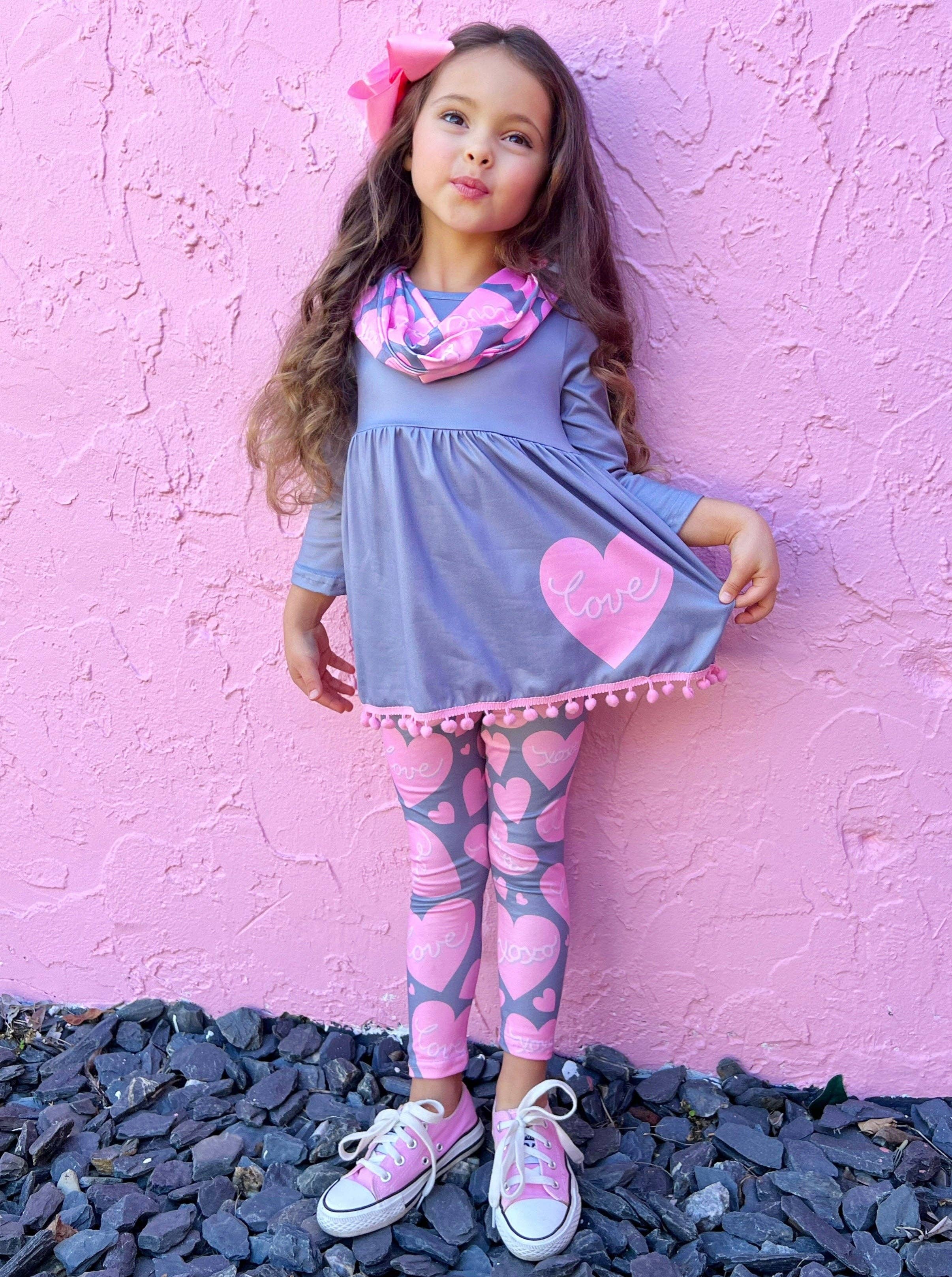 Grey Tunic w/ Pink Heart Graphic, Scarf & Heart Print Legging Set for wholesale on Faire3