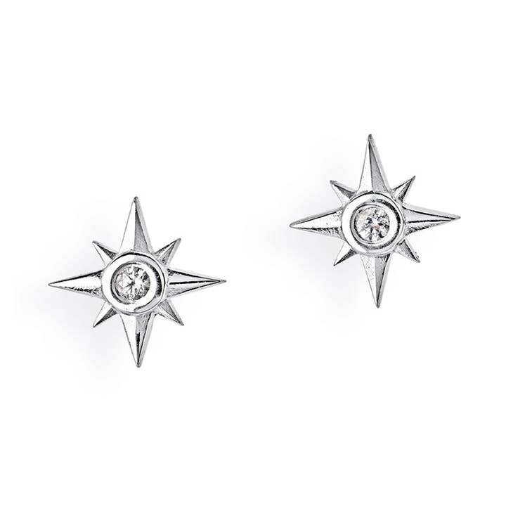 Rhodium-plated silver windrose star earrings with zirconia for wholesale by Heartbreaker designd by Drachenfels