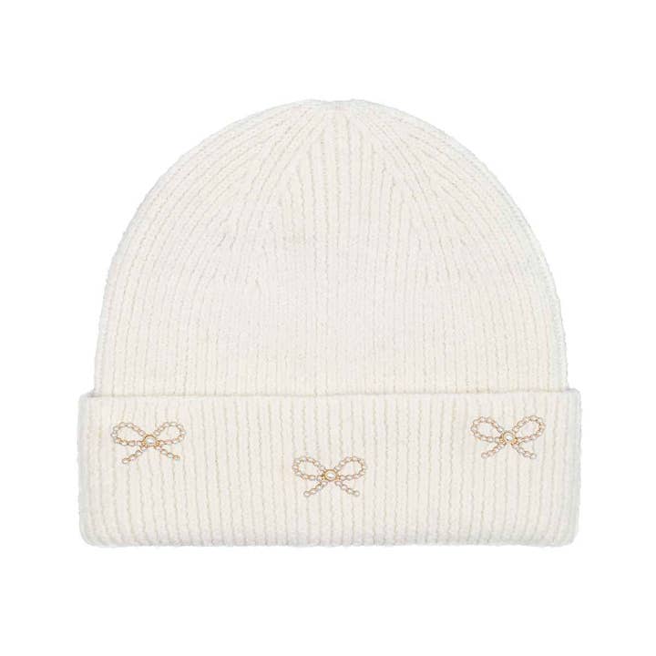 MiMi Wholesale - Wholesale Beanie - Women's - HTE0148 Three Pearl Bow Charm Cuff Beanie1