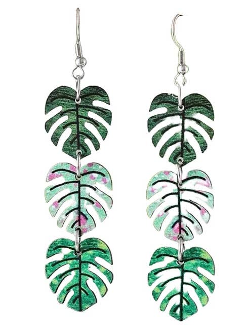 ( MX1054 ) Triple Monstera Leaf Wooden Dangle Earrings for wholesale by Jewelry Max