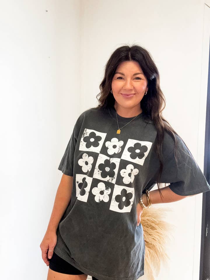 Distressed Checked Flower Tee for wholesale by Hart and Hollow