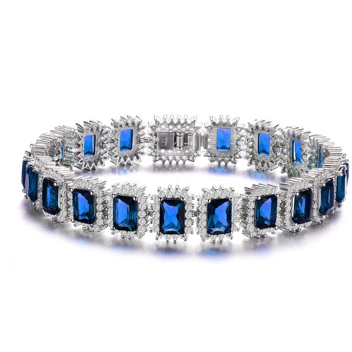 White Gold Plated with Blue Sapphire & Cubic Zirconia Rectangular Halo Cluster Link Vintage Tennis Bracelet for wholesale by Genevive