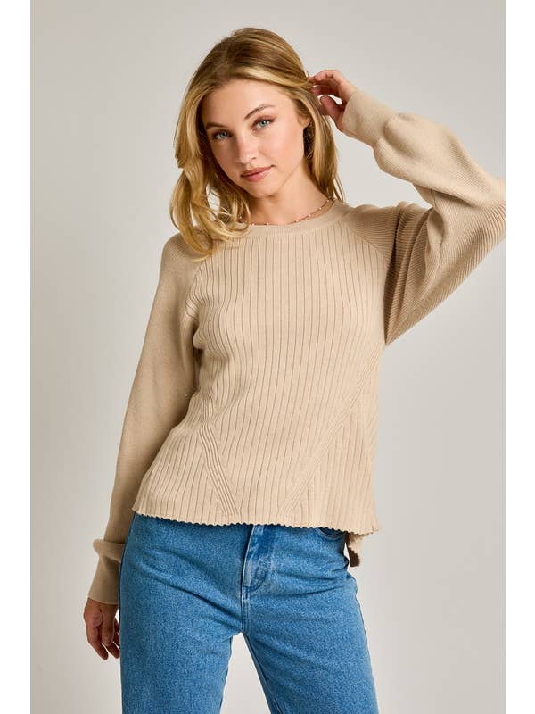 Beige Long Sleeve Crew Neck Ribbed Open Back Sweater for wholesale on Faire