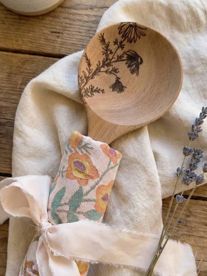 Floral Engraved Acacia Wood Spoon & Reversible Towel Set for wholesale by House of Wren