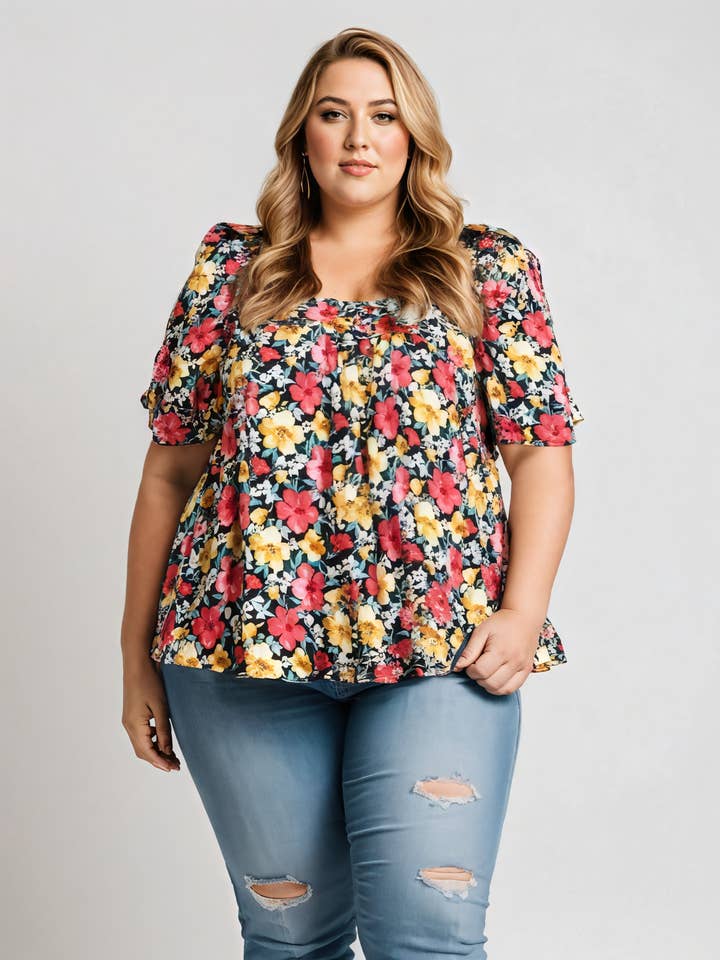 Blomstret top i stor størrelse (C6565&SORT) for engroshandel hos Pomme Rouge Paris