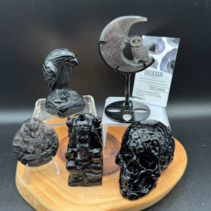 5 pc Obsidian crow Ganesha Guan yin Moon owl bundle G913 for wholesale by The 7 Directions