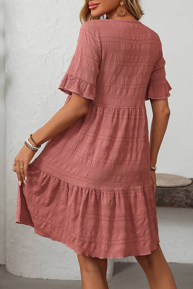 UNISHE – Vestido - Mulher por atacado – Vestido Fluido de Cor Sólida com Manga Curta Solta MD16119