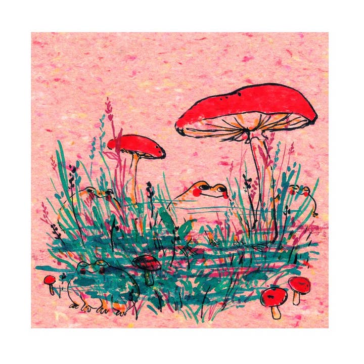 Udskriv - „Frøer og svampe på lyserød“ for engroshandel hos Rebekah Evans Art